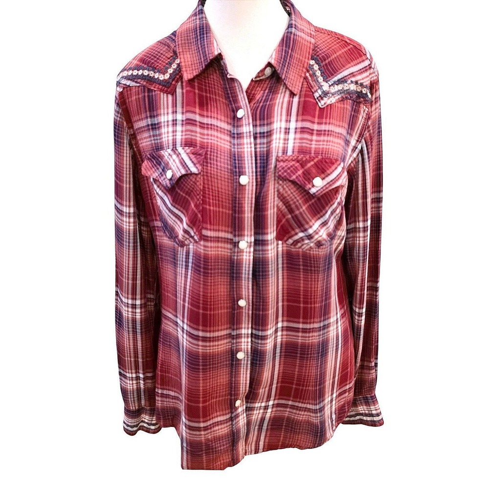 Wrangler Retro Plaid Western Snap Shirt Womens Large Embroidered Cowgirl Boho